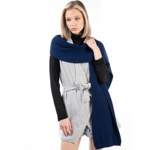 8 100% Merino Wool Blue Scarf Long Dark Ribbed Knit Made in Italy Stole Navy